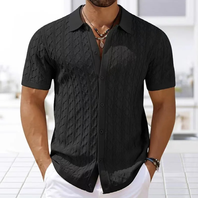 Summe Embroidered Mens Short Sleeve Fashion Knitted Shirt 2025 Business Solid Color Casual Button Open Polo Top 250320