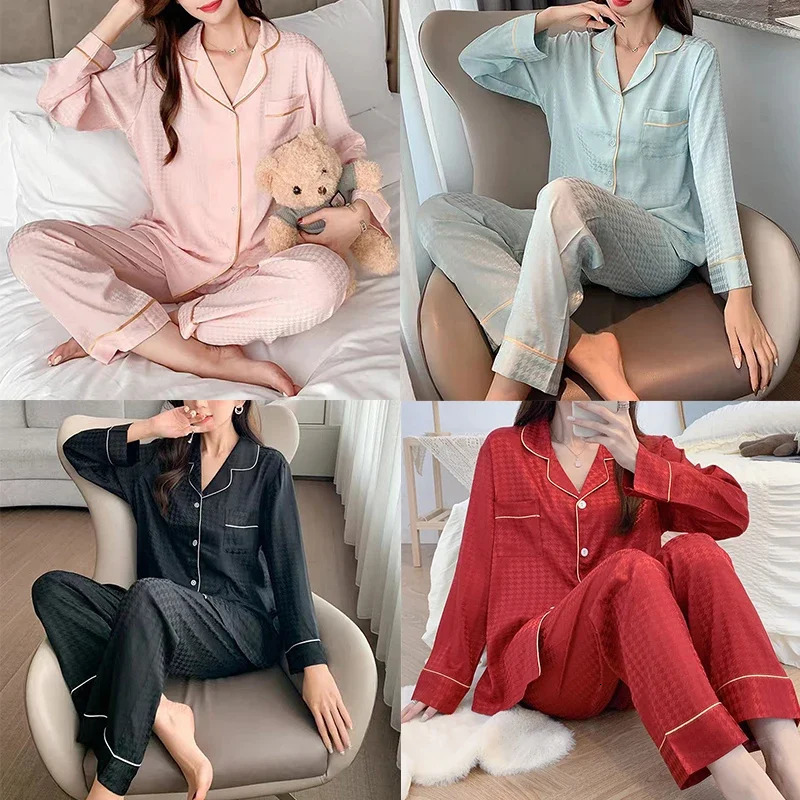 High Quality Women Ice Silk Pajamas Set Two-Piece Suit Girl Sleepwear Button down Tops and Trousers ious Simple Homewear 250320