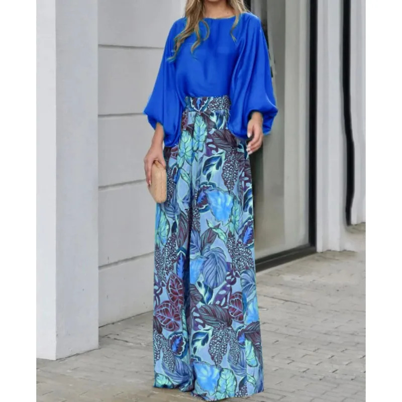 Summer Womens Clothing Set Lantern Sleeves Loose Top Printed Wide Leg Pants Two Piece Set Casual Ladies Trouser Outfit 250320