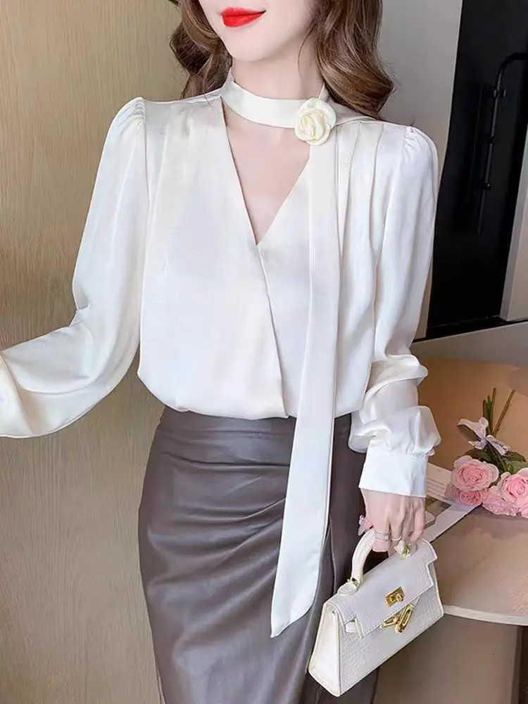 Temperament Satin Long Sleeve Blouse Women 2025 Spring Fashion Solid Color V-neck Fashionable Elegant Top Lady Shirts Chic 250320