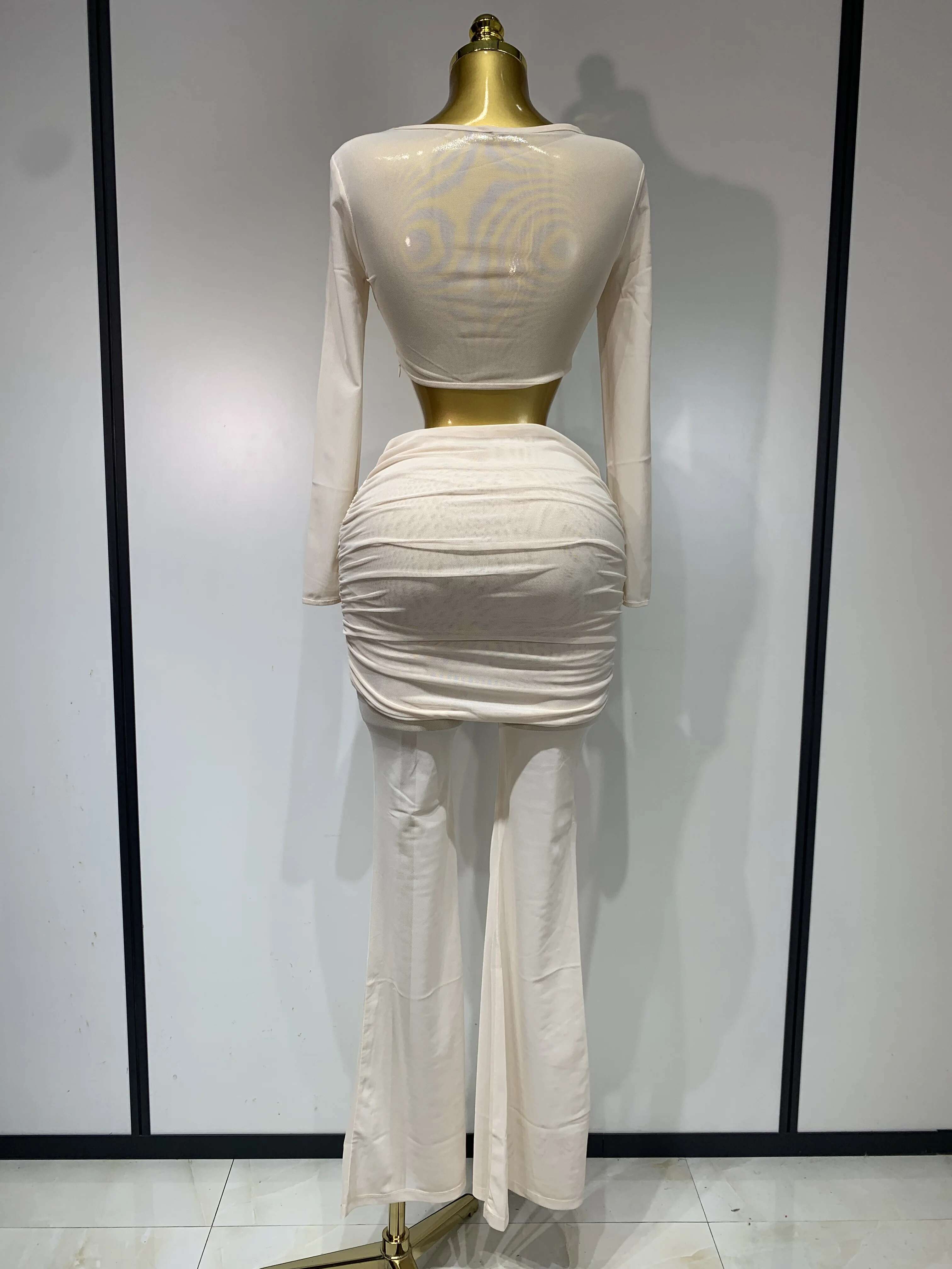 Women Sexy Mesh See Through Long Sleeves Pant Sets Elegant Fashion Street Two Piece Set Club Birthday Evening Party Outfit