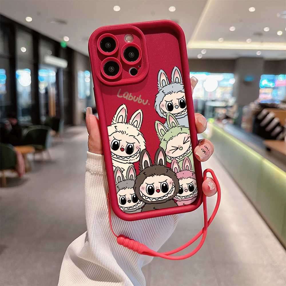 New Kawaii Cute Labubu phone case suitable for 15 14 13 11 Pro Max Mini XR XS X 7 8 Plus soft TPU back cover with hand strapXJ250321