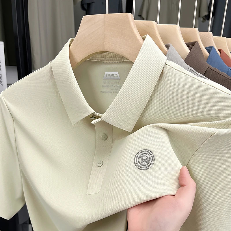 High end short sleeve polo shirt mens 2025 summer trend letter embossed top silk comfortable breathable lapel T-shirt 250321
