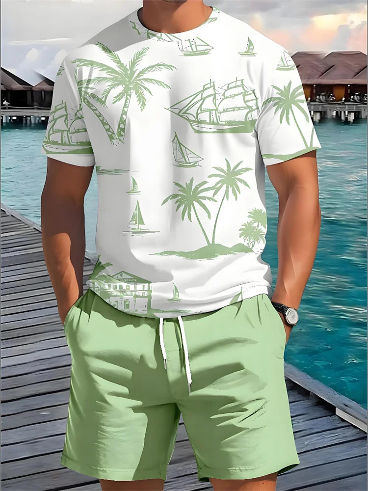 Summer 2-piece casual daily mens short sleeved shorts set Hawaii print mens T-shirt outdoor sports mens beach shorts set 250314