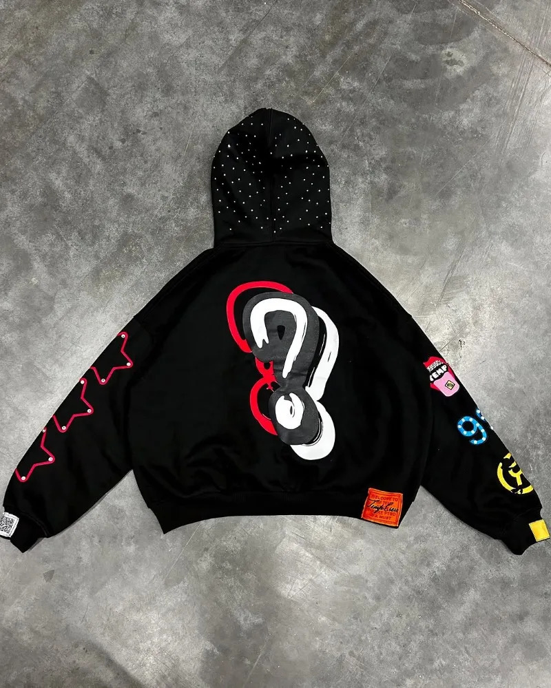 American Trendy s High Street Loose Casual Cartoon Printed Zipper Hoodie Men Y2k Hiphop Rock Oversized Sweatshirt Women 250317