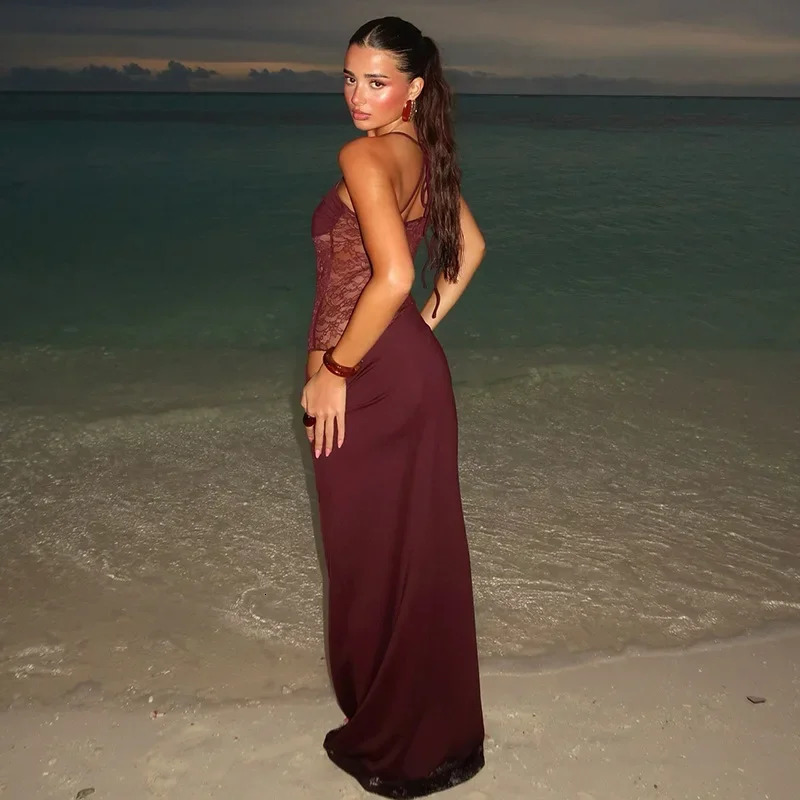 Mesh Perspective Y2K Lace Maxi Long Beach Dress Hollow Womens Summer Sleeveless Backless Tight 250320