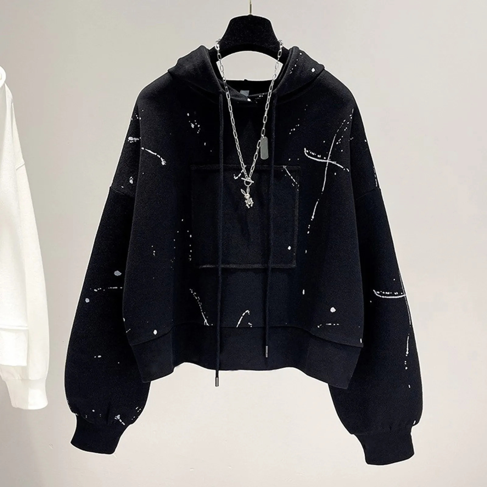 Splash-Ink Print Women Hoodies Kpop White Sweatshirt Autumn Streetwear Long Sleeve Loose Hoodie Sudaderas De Mujeres 250320