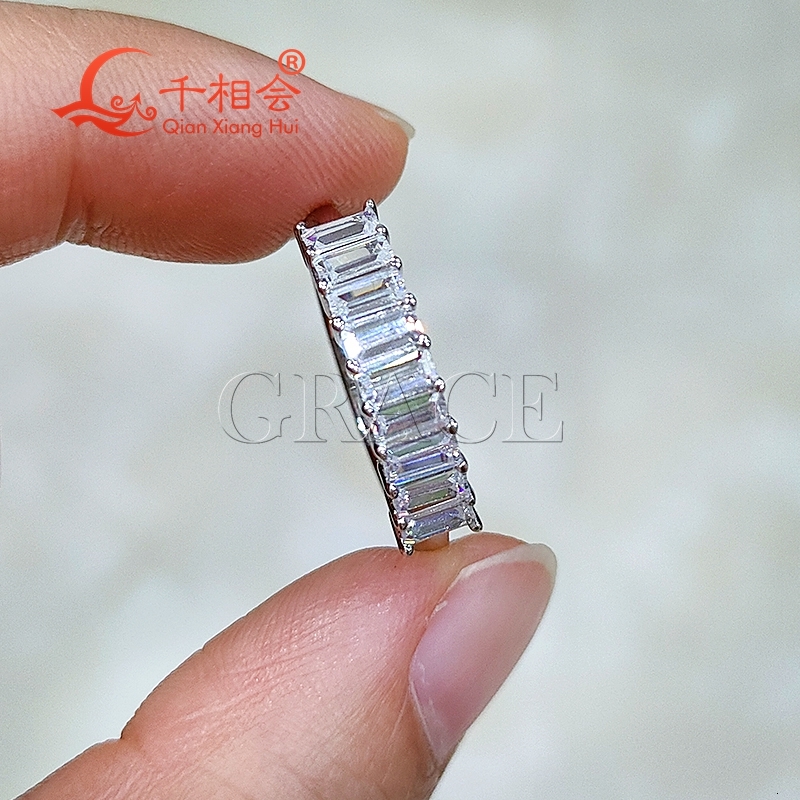 2*4mm baguette shape emerald Ring half Eternity Band Sterling 925 Silver hip hop Moissanite Ring Men women Diamonds Male Jewelry