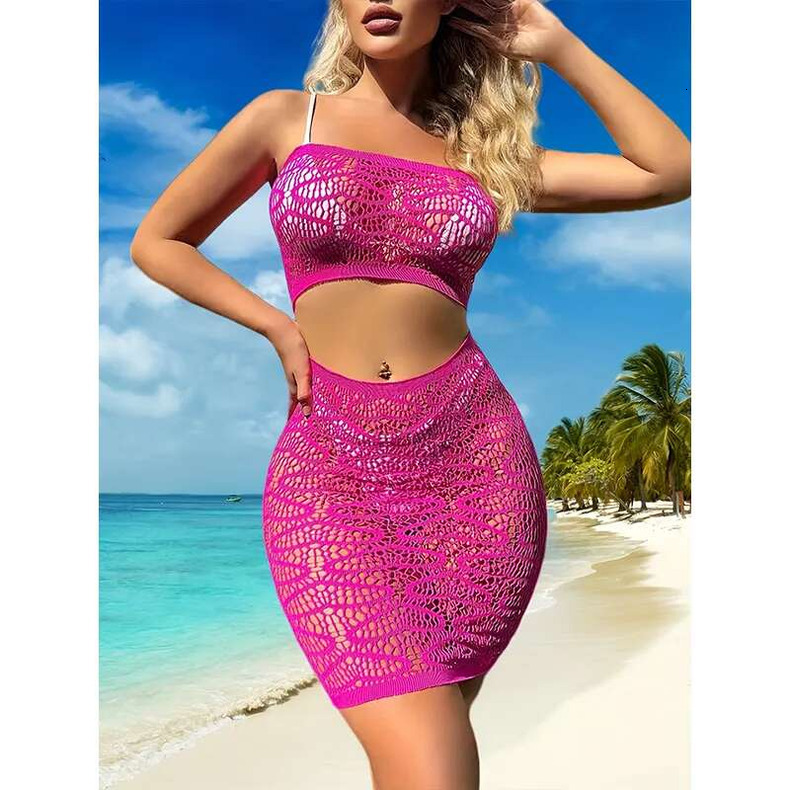 higher quality New sexy set of upper and lower two-piece skeleton see-through sleeveless bustier-style package hip beach outer shirt
