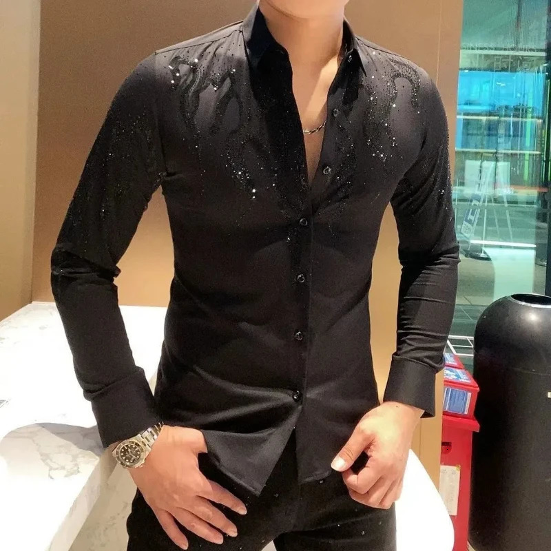 Mens Spring Autumn Solid Color Long Sleeve Button Turn-down Collar Rhinestone Cardigan Shirt Retro Casual England Style Tops 250313