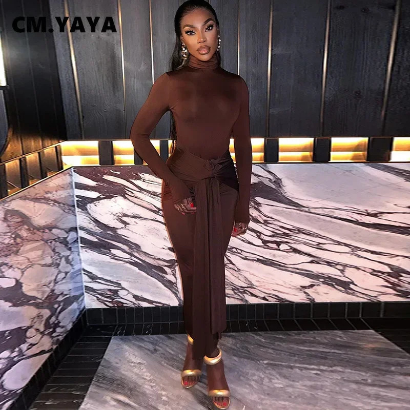 CMYAYA Womens Full Sleeve Turtle Neck Ribbon Ruffle Long Dress Spring Sexy Street Slimming Evening Club Party 250320