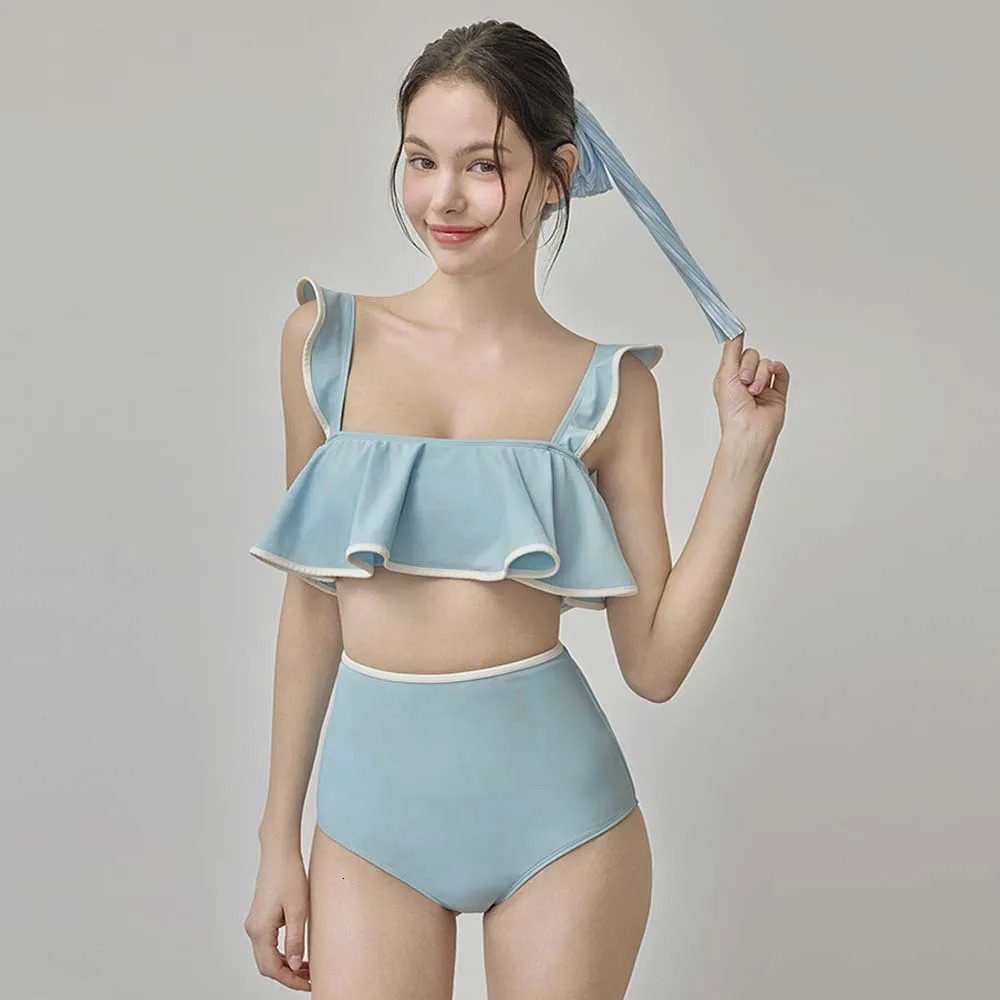 Blue High Waist Swimwear Women 2024 Sexy Two Pieces Swimsuit Padded Bathing Suit Korean Ruffle Bikini Summer Beach Wear Monokini 250320