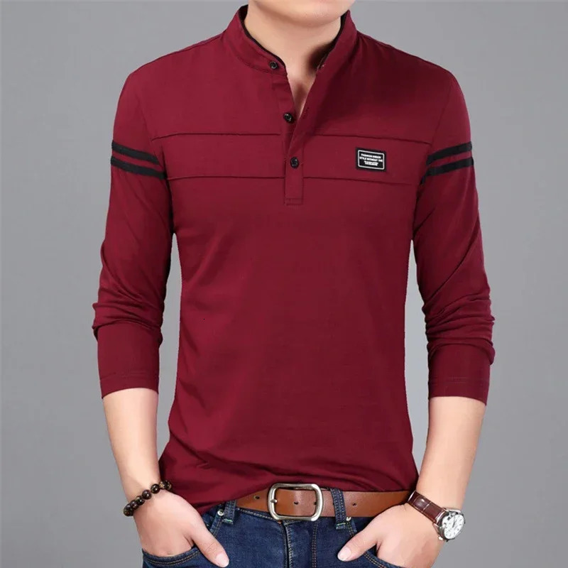 Casual Men T Shirt Button Neck Collar Long Full Sleeve Tshirt Male Business Fashion Classic Cotton Slim Fit Elegant T-Shirt Tops 250320