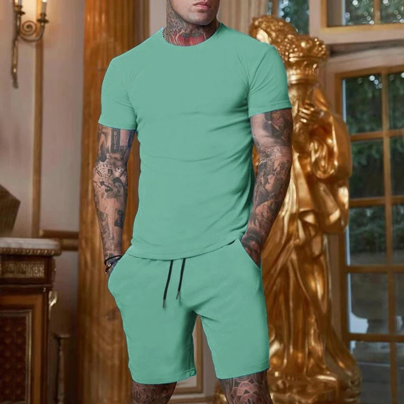 Mens sports suit mens two-piece sportswear short sleeved T-shirt and shorts set running and fitness sportswear summer 250320