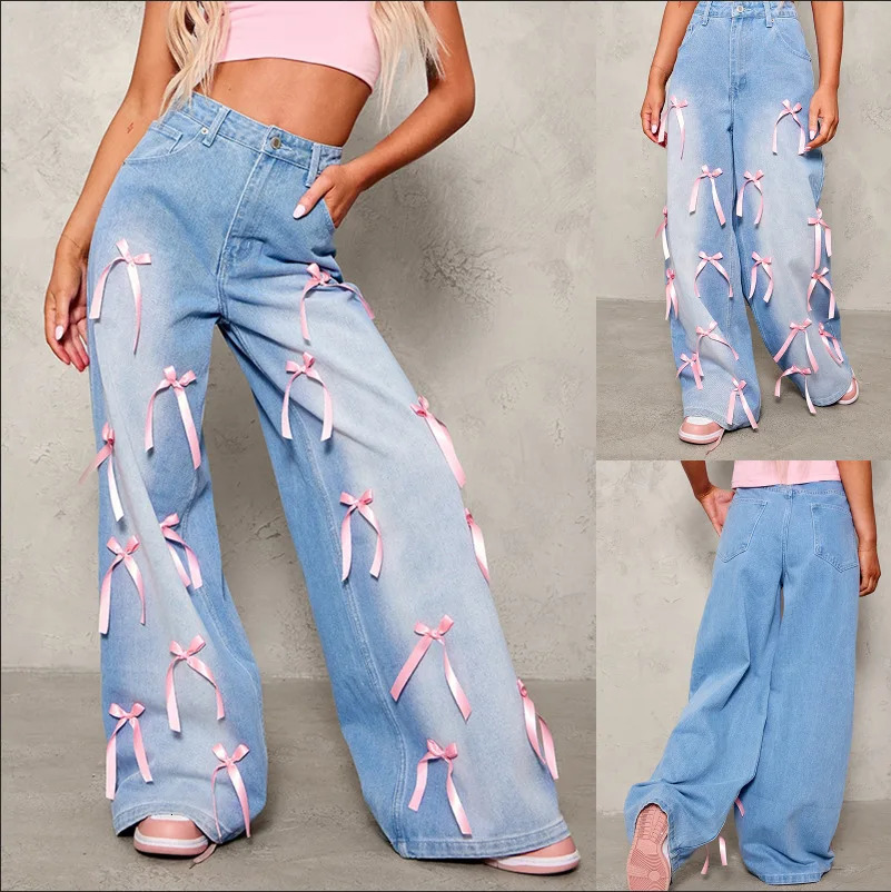 Women Denim Pant Jeans Wide Leg Long Pants Bow High Waist Straight Trousers Y2k Streetwear Elegant Casual Loose Party Club 250320