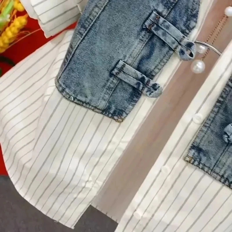 Spring and summer striped two-piece denim shirt womens sense stitched womens jacket warm denim jacket 250317