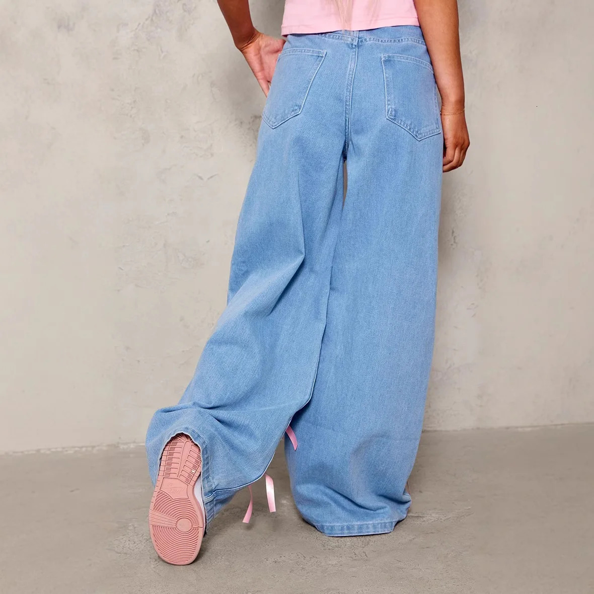 Women Denim Pant Jeans Wide Leg Long Pants Bow High Waist Straight Trousers Y2k Streetwear Elegant Casual Loose Party Club 250320