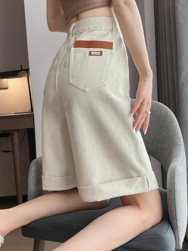 Summer Womens Shorts High Waist Cotton Wide-leg Short Pants Loose Button Korean Knee Length Solid White Denim Shorts for Women 250320