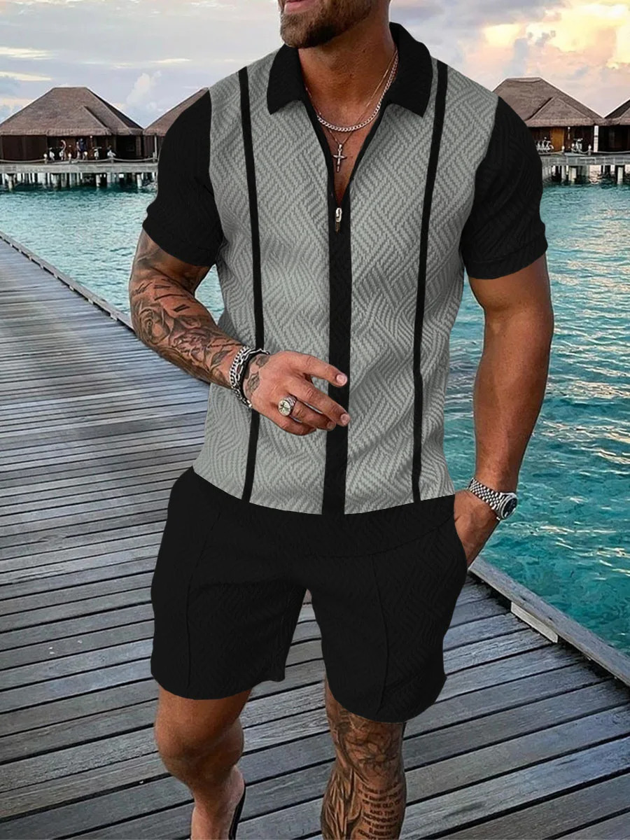 Hawaiian Tracksuit 2-piece set 3D printed zipper polo shirt short sleeved shirt and shorts casual fashion zipper mens 2PCS clothing 250320