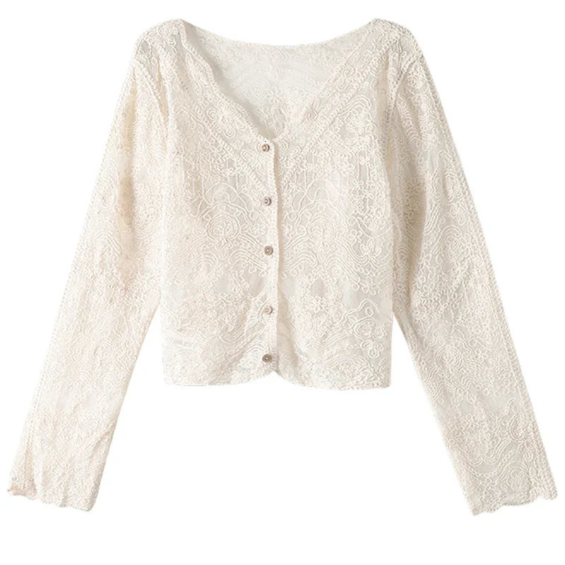 Itolin Womens Button Open Top Flash Sleeve T-shirt V-neck Ruffle Sweet Shirt Summer Lace Hollow Transparent T-shirt 250320
