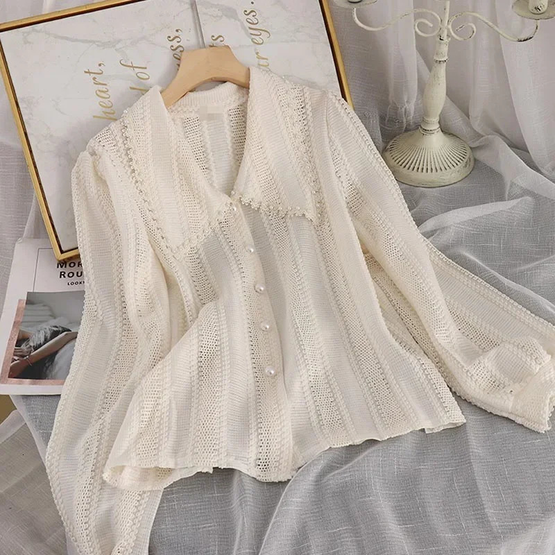 Spring Elegant Lace Women Shirt Hollow Out Peter Pan Collar Tops Fashion Office Ladies Long Sleeves Solid Blouses 250320