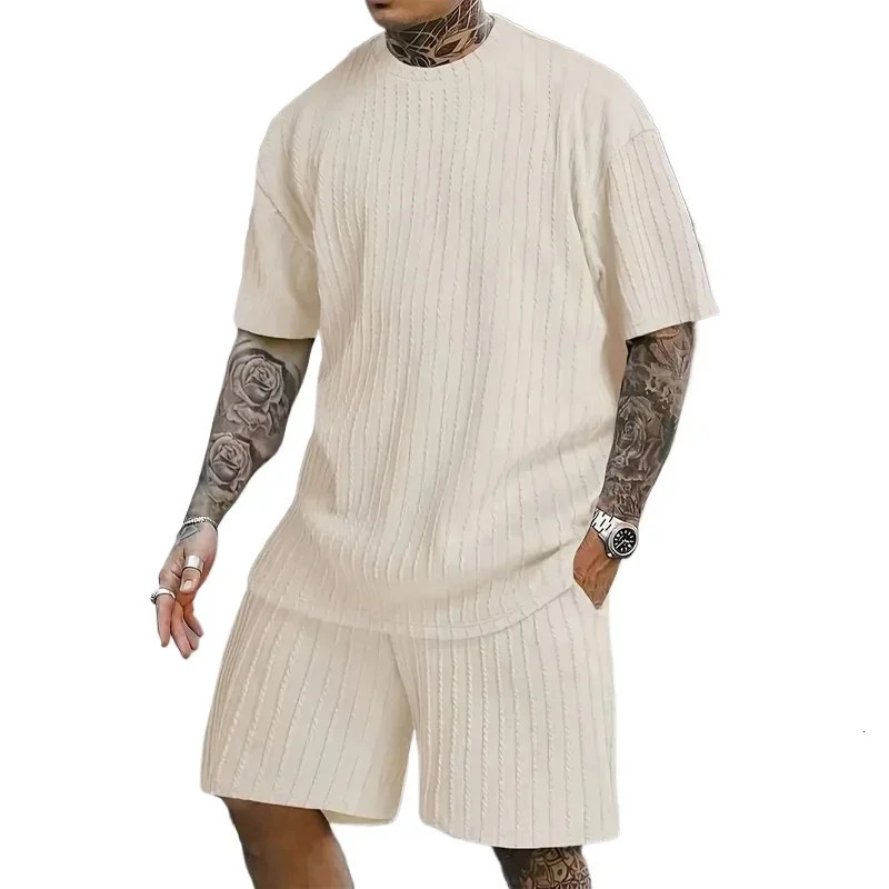 Mens Two Pcs Suits Outdoor Sports Running T-shirt Shorts Sets Solid Stripe Short-sleeve Men Spring Summer Casual Gym Sportswear 250320