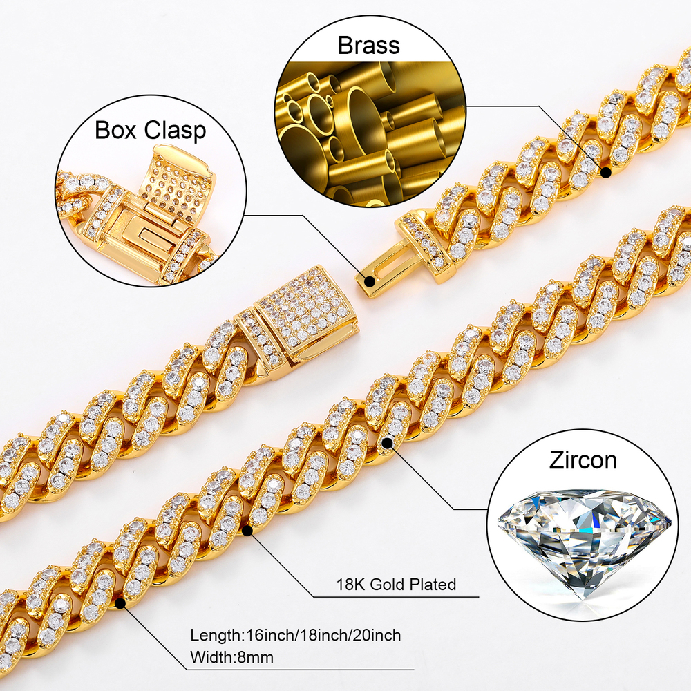 6mm 8mm Width Fashion Miami Cuban Chain Necklace For Women Mens Hip Hop Jewelry Copper Cubic Zirconia Bling Charm Chains