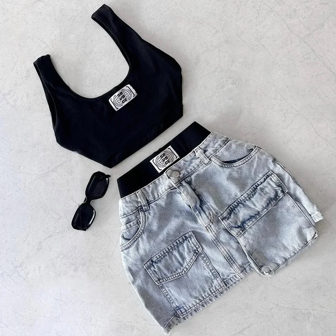Korean sweet retro beach suspender sleeveless T-shirt sexy y2k Harajuku simple daily casual denim shorts two-piece set 250320