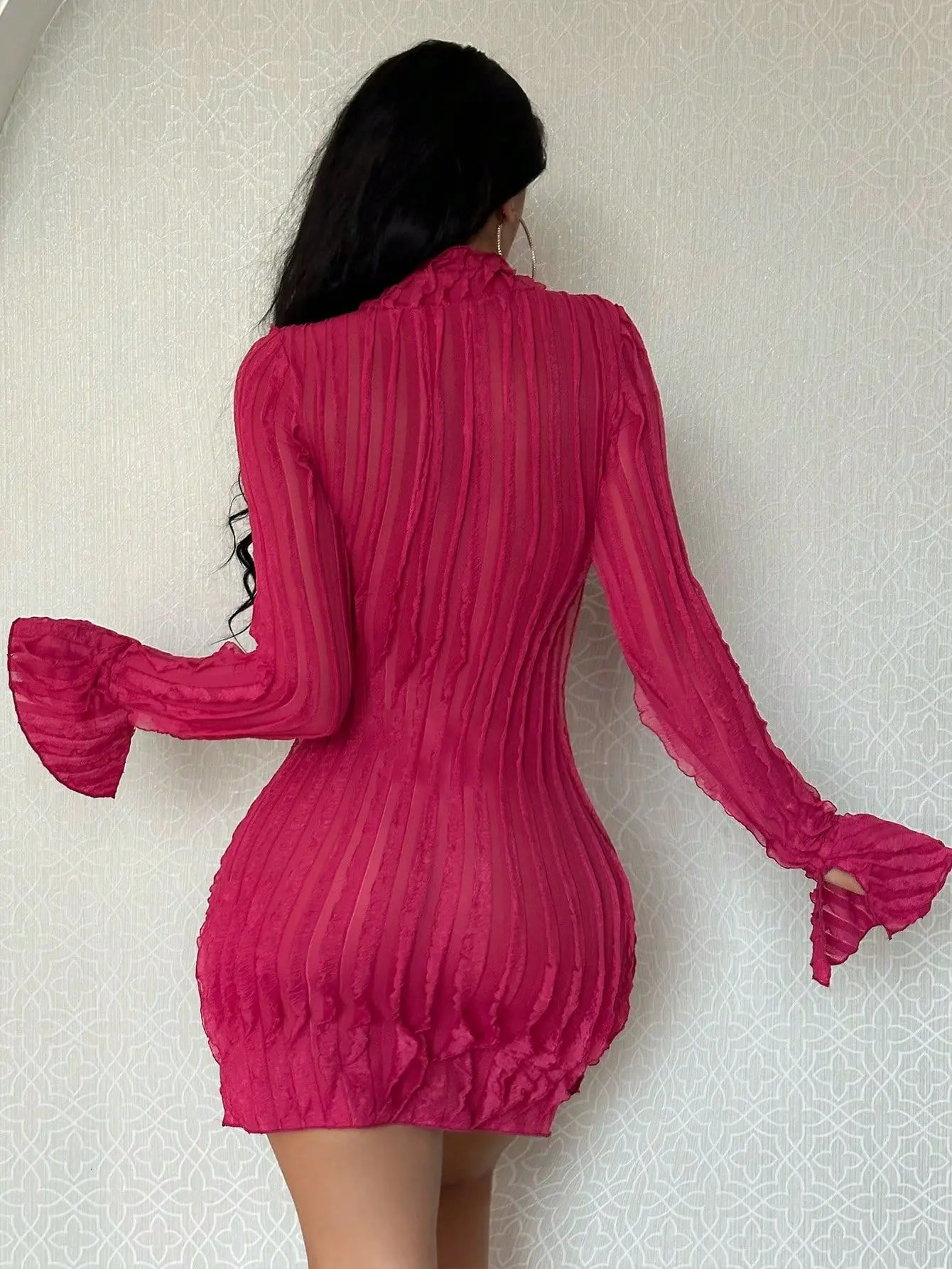 SpringSummer Open Slotted Bell shaped Sleep High Neck Solid Color Warm Elegant Dress Sexy Hip Skirt 250320
