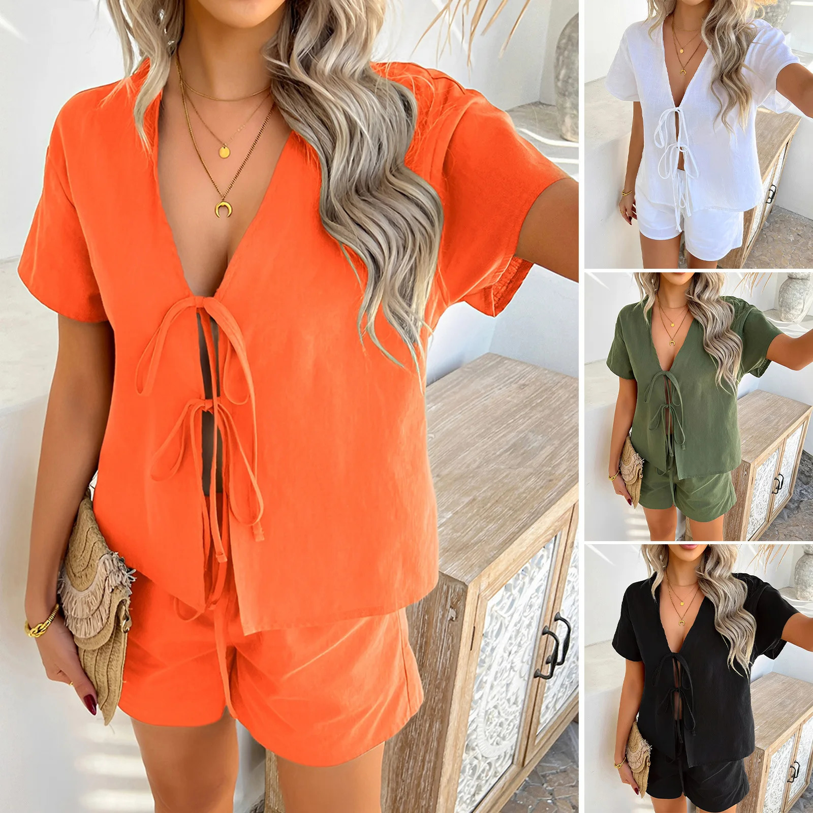 Summer Womens Clothing Sales Solid Color Holiday Style Short Sleeve Lace-up Shirts Top Shorts 2-piece Set Womens Clothing 250320