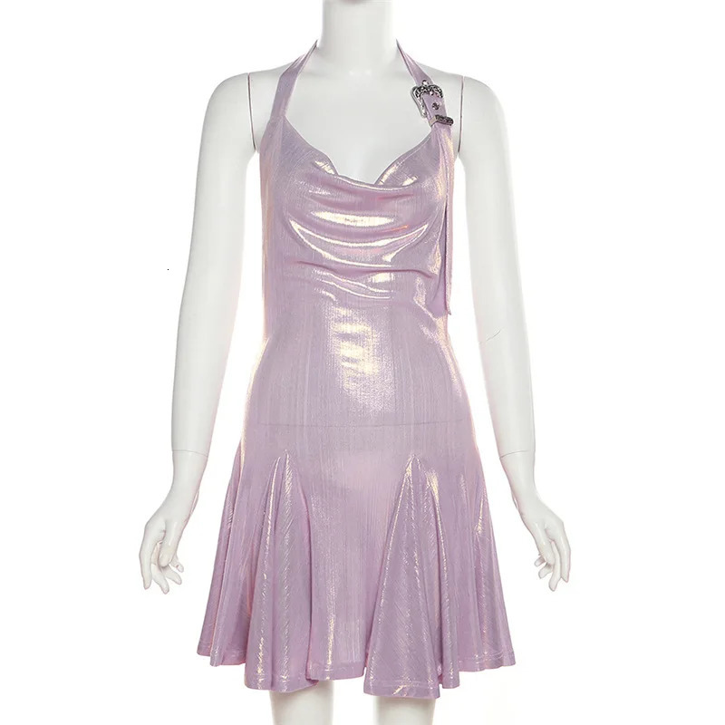 Nibber Silver Matte Retro Bright Confident Metal Summer Party Mature Sexy Feminine Womens Hanging Neck Pleated ALine Dress 250320
