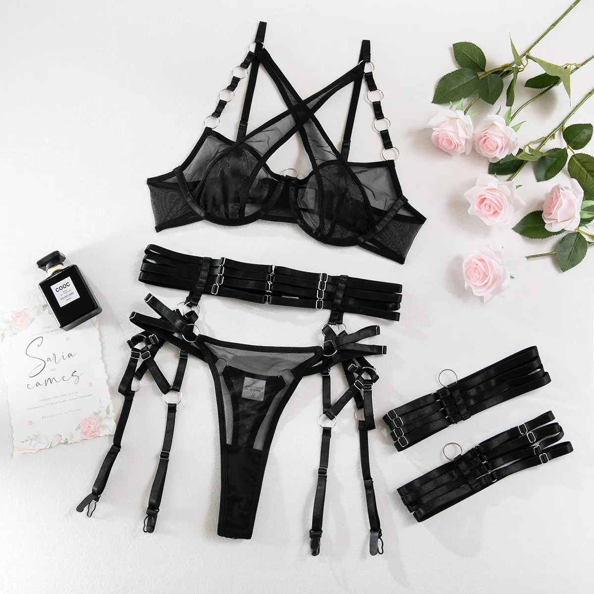 Three Piece Selling Spliced Underwear Bra With Steel Ring Sexy Contrast Color Intimates Set Womens Mesh Exotic Apparel Suit 250320