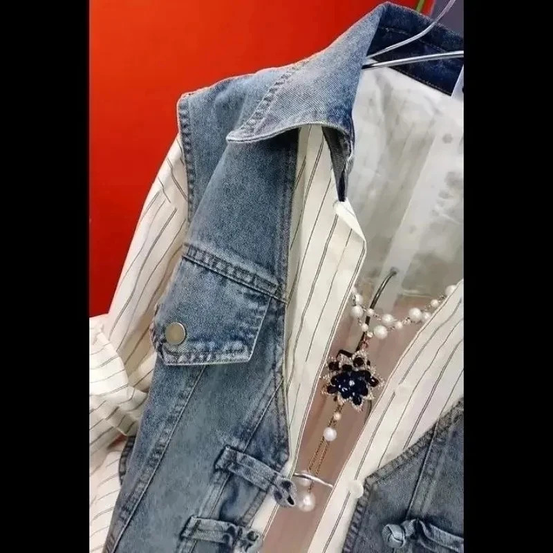 Spring and summer striped two-piece denim shirt womens sense stitched womens jacket warm denim jacket 250317