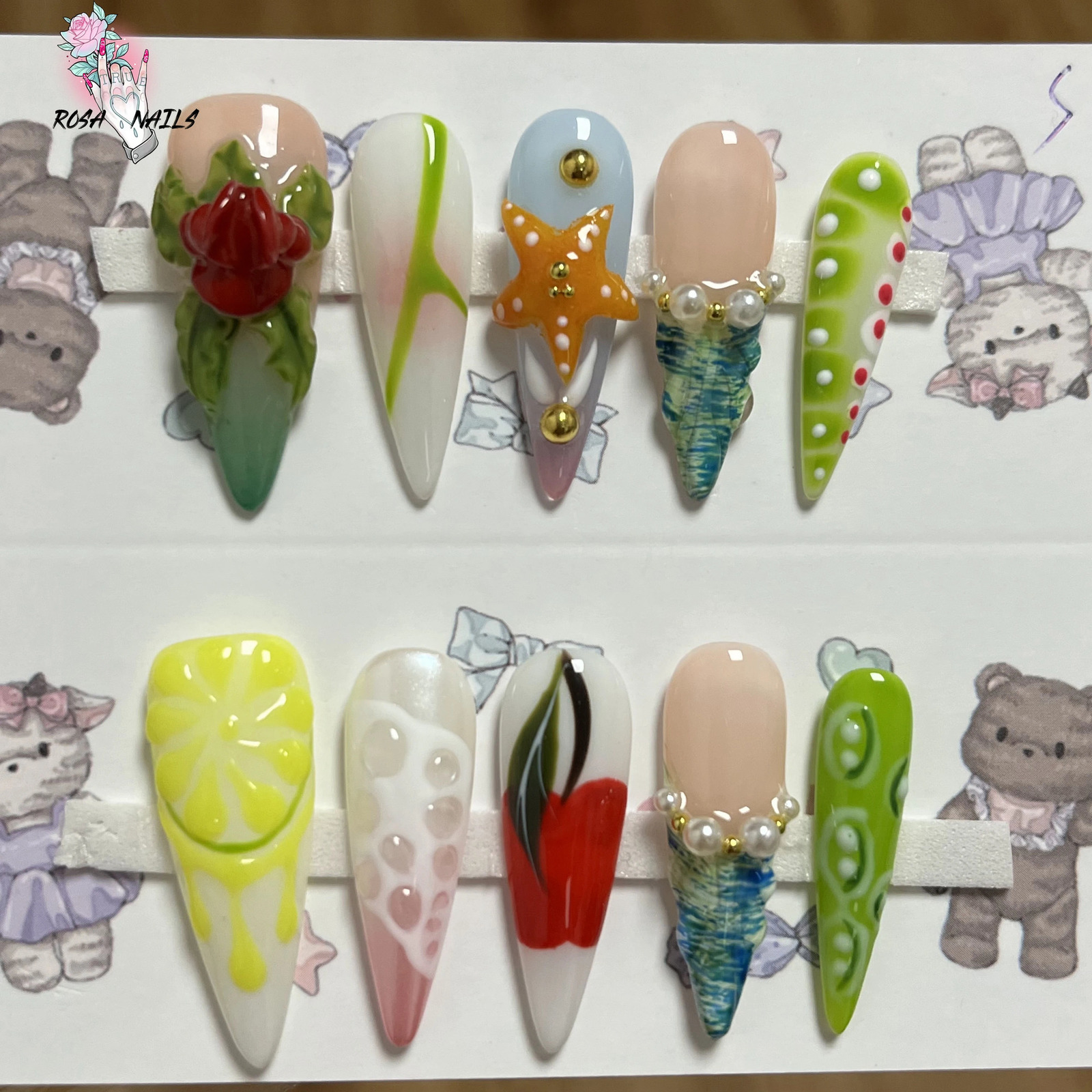 10pcs Handmade Press on Nail Art Flowers 3D Fruit Lemon Cherry Y2k Flower Long Stiletto Tips Acrylic False Nails Fake Nail Tip 250319
