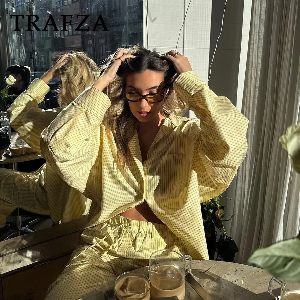 TRAFZA 2025 Spring Summer Casual Poplin Striped Women Suits Fashion Vintage Turn Down Collar Loose Shirts Chic Drawstring Pants 250320