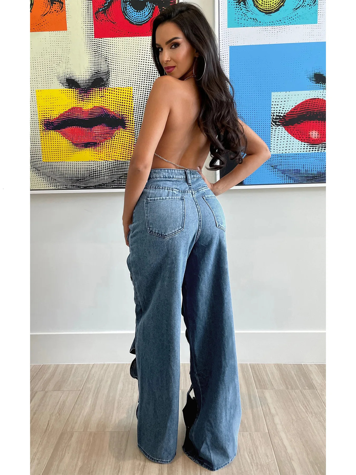 Hollow denim elastic pants sexy womens high waisted elegant streetwear denim casual straight pants 250320