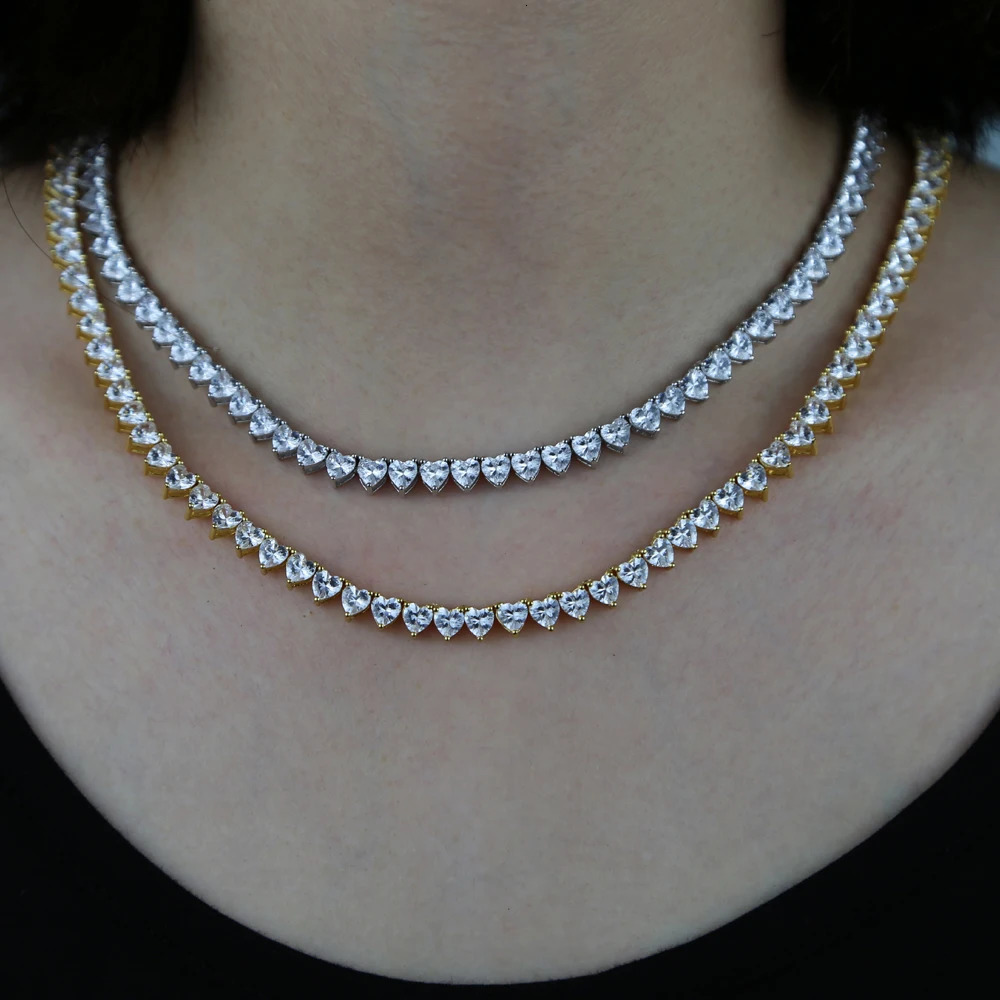 Hip Hop Iced Out Bling AAAA Zircon Heart Tennis Chain Necklace Women Fashion Jewelry Gold Silver Color Pink CZ Choker Necklace 250318