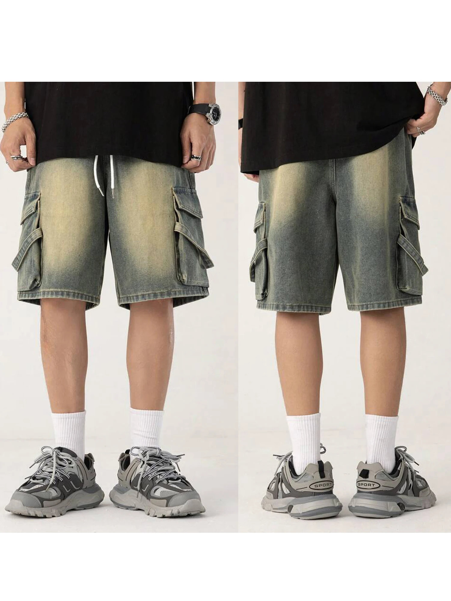 Mens Denim Shorts Stylish Elastic Waist Contrast Color Casual with Pockets for Summer Streetwear Fashion 250312