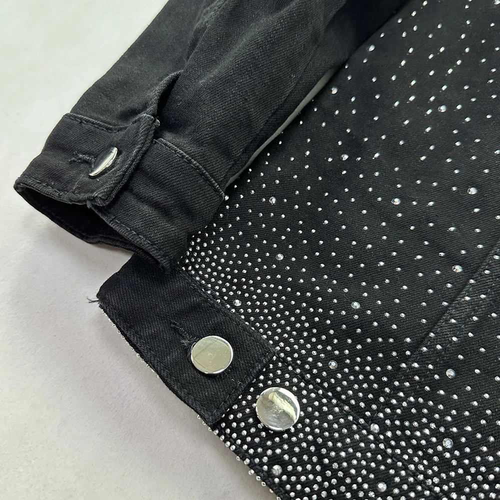 Original Black Denim Jackets For Men Slim Fit Stretchy Street Clothes Heat Press Rhinestone Males Jean Coat 250313