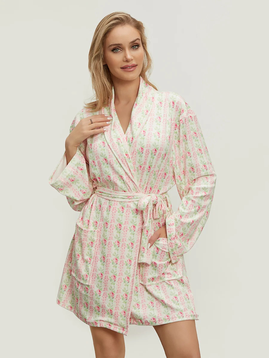 Womens elegant printed long sleeved waistband robe with a lapel and convenient pockets suitable for spring autumn nights 250320
