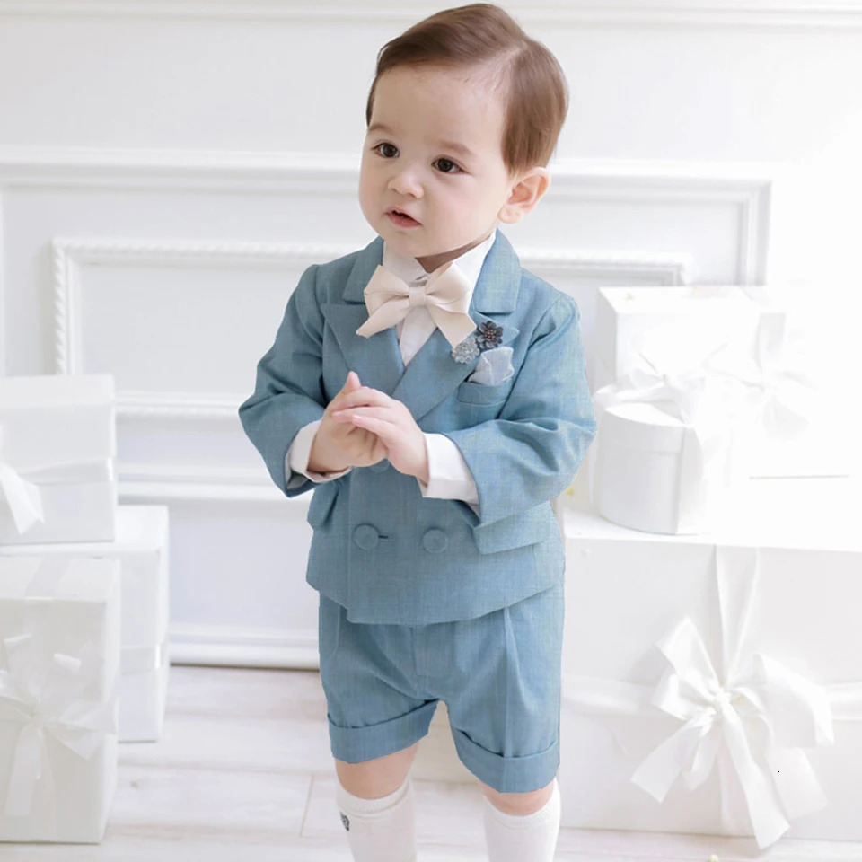 Boys Suit For Weddings Birthday Little Boy Gentleman Outfit Formal Suits Children Blue Coat Strap Shorts Bow Tie Clothes Set 250320