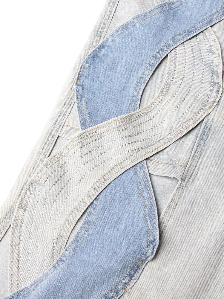 VGH Crisscross Hit Color Street Denim Trouser Womens High Waist Patch Work Bag Hollow Split Pants Womens 250314