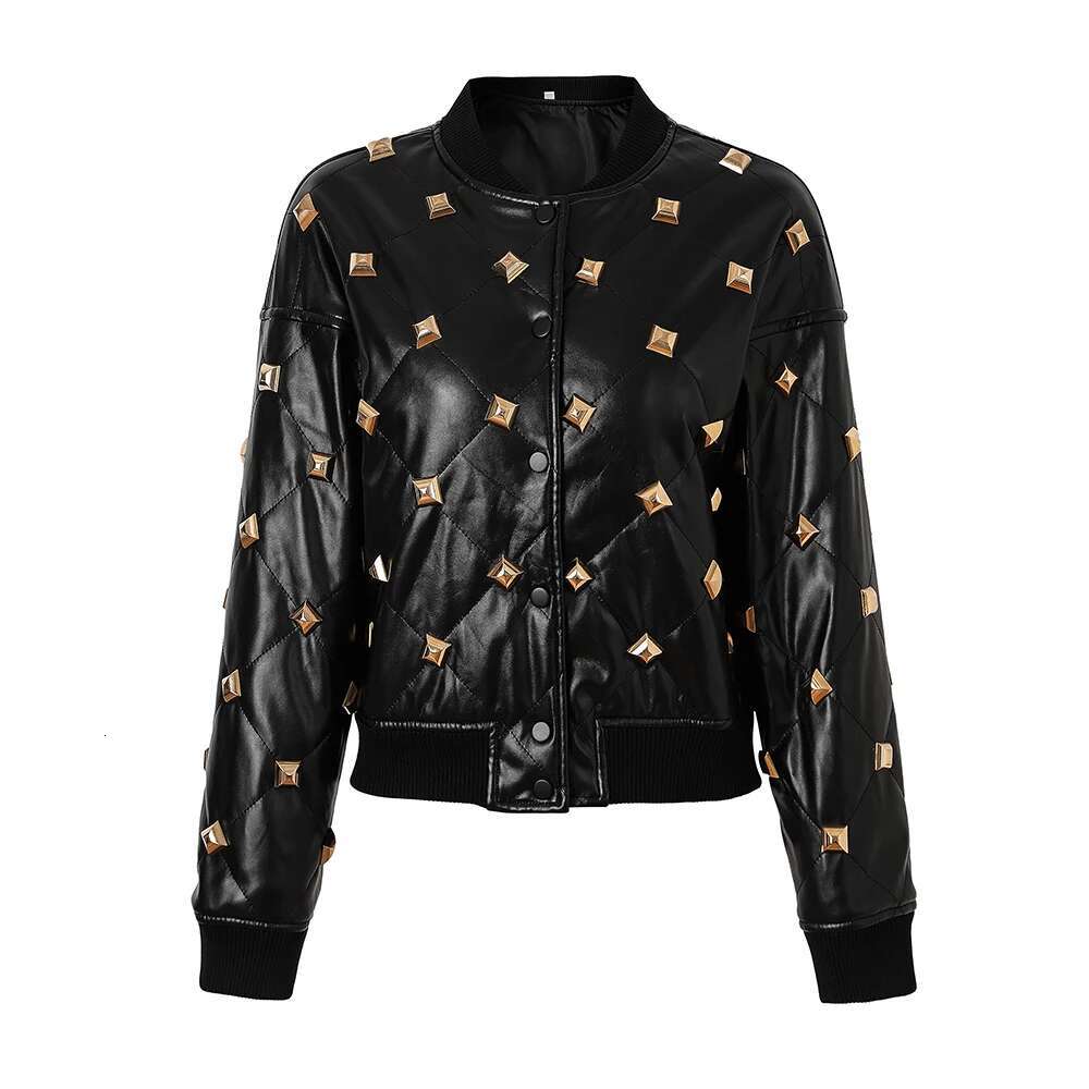 New Handsome Motorcycle Women Heavy Rivet Black Puleather High Street Outerdoor Jackets Plaid Coats