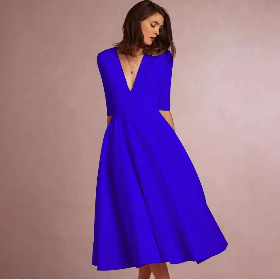 Womens Autumn Elegant Solid Midi Dress Deep V Nedk Half Sleeve Aline Khaki Blue Party Evening Abito Donna 250320