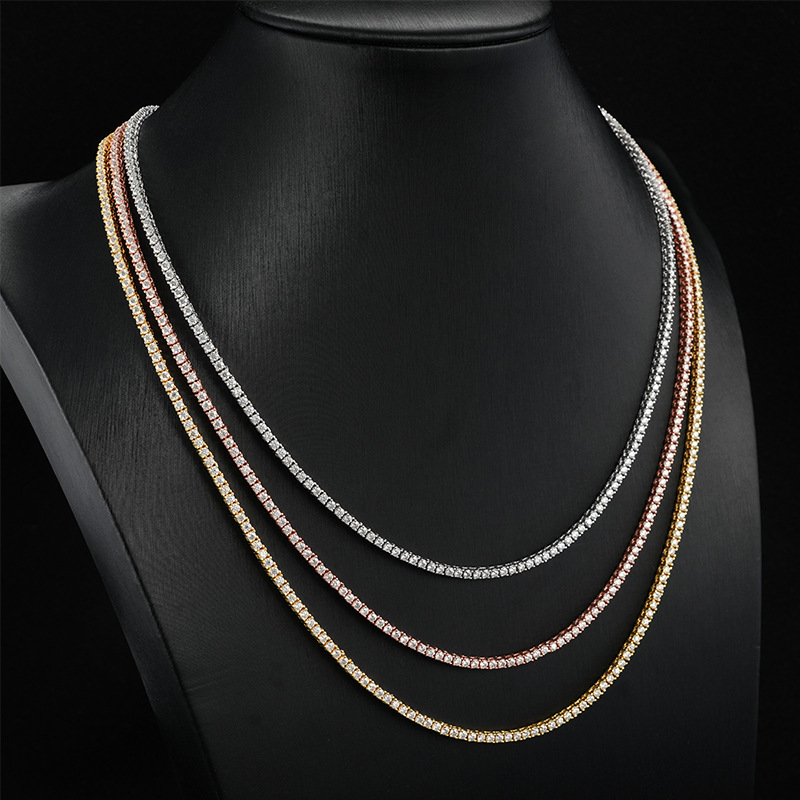 Ins hot selling 2mm 925 silver inlaid moissani hip-hop single row mens and womens tennis chain HipHop accessory