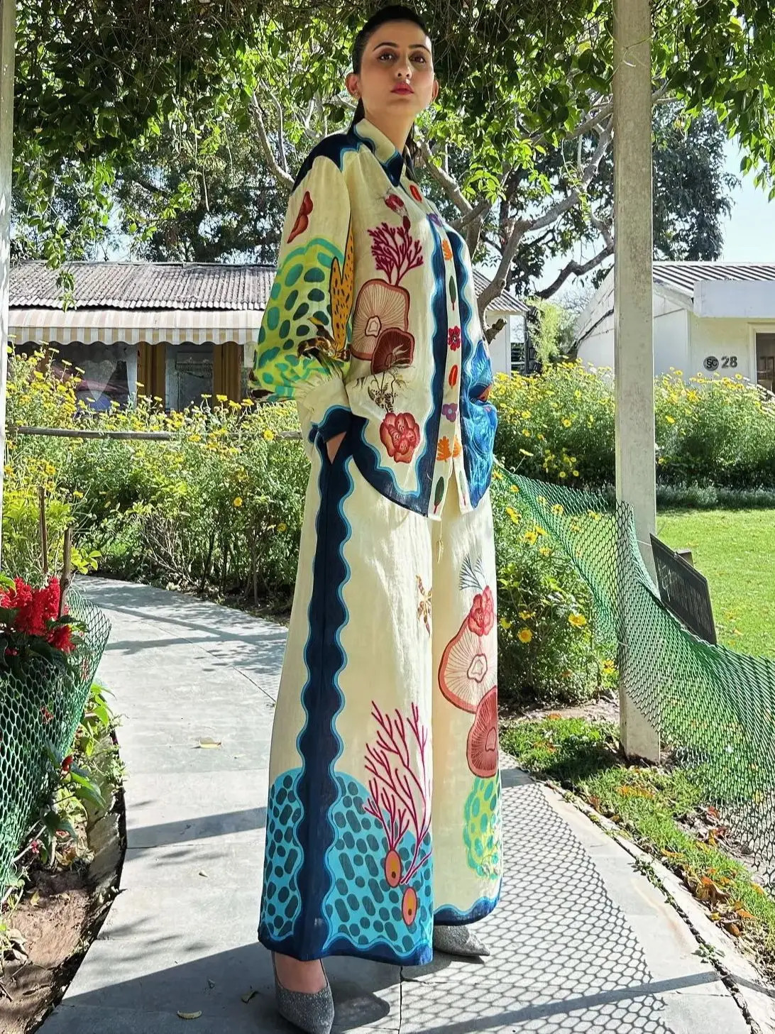 Women Casual Loose Lantern Sleeve Shirts Two Piece Sets Summer Patchwork Vintage Print Wide Leg Pants Sets Chic Women Outfits 250320