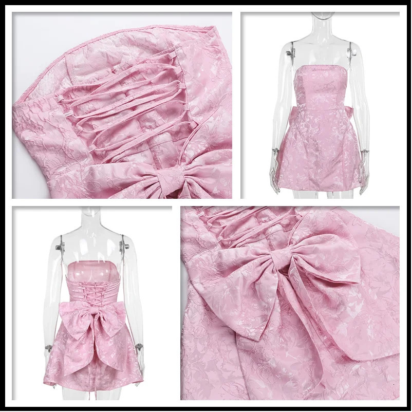 Townlike Jacquard Waist Wrap A-line Dress Women Mini Spring Summer Dress Elegant Bow Backless Sexy Party Dresses 250320