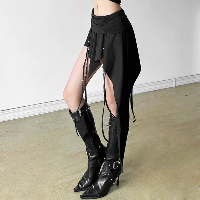 Goth Dark Mall Gothic Dropped Waist Drawstring Mini Skirt Punk Grunge Women Irregular Hem A-line Skirts Chic E-girl Techwear Y2K 250320