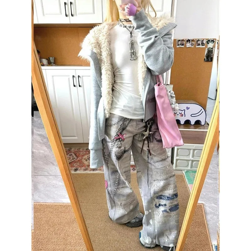 High Street Hip Hop Ripped Lace Metal Texture Printed Womens Jeans American Spring Girls Sliding Wide Legs Pants 250314