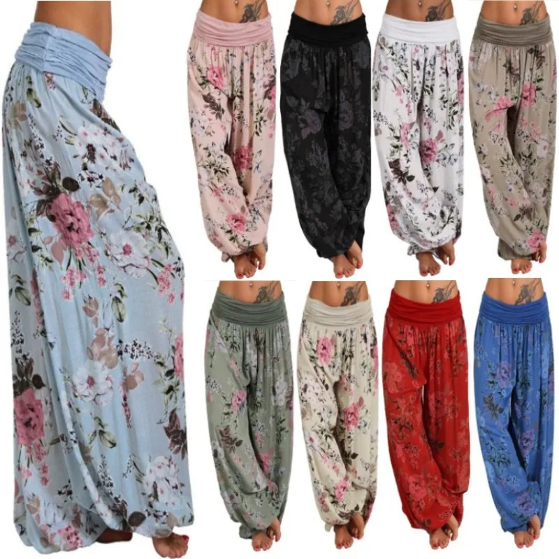 European and American womens long sleeved harem pants with digital printing wide leg casual plus size 250320